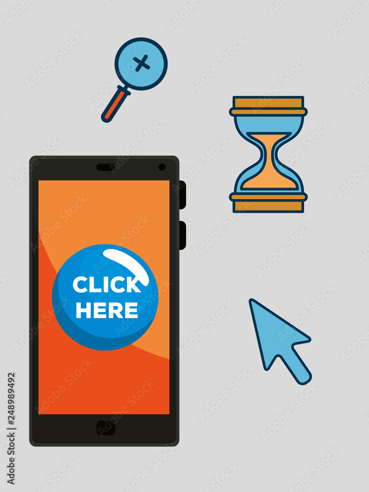 Poster set smartphone and hourglasses with magnifying glass and arrow cursor