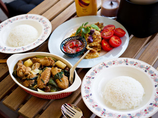 Thai food, omelette, fried eggs with Jasmine rice and chicken soup with vegetables, homemade eat at home. Tom Jab Chai stew in Chinese, Mixed of vegetables soup, tofu.