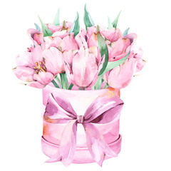 Elegant watercolor composition with beautiful, pink, stained flowers, tulips and leaves in a pink stained round box
