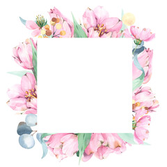 Frame composition with hand painted watercolor spring tulips, wild flowers, foliage
