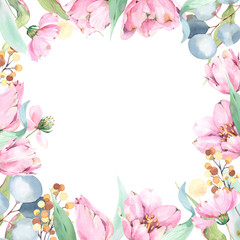 Watercolor square floral composition with blooming flowers, greens and eucalyptus