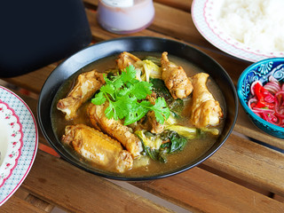Tom Jab Chai stew in Chinese, Mixed of vegetables soup, tofu, Thai famous cuisine with chicken wings.