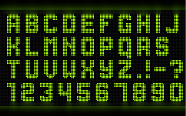 Green digital latin alphabet and figures. Font design.