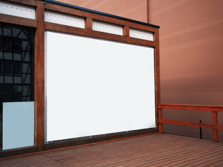 Signboard billboard view of empty white mock up, mock-up signage in a wooden frame with warm colors, wall background, display panel exterior