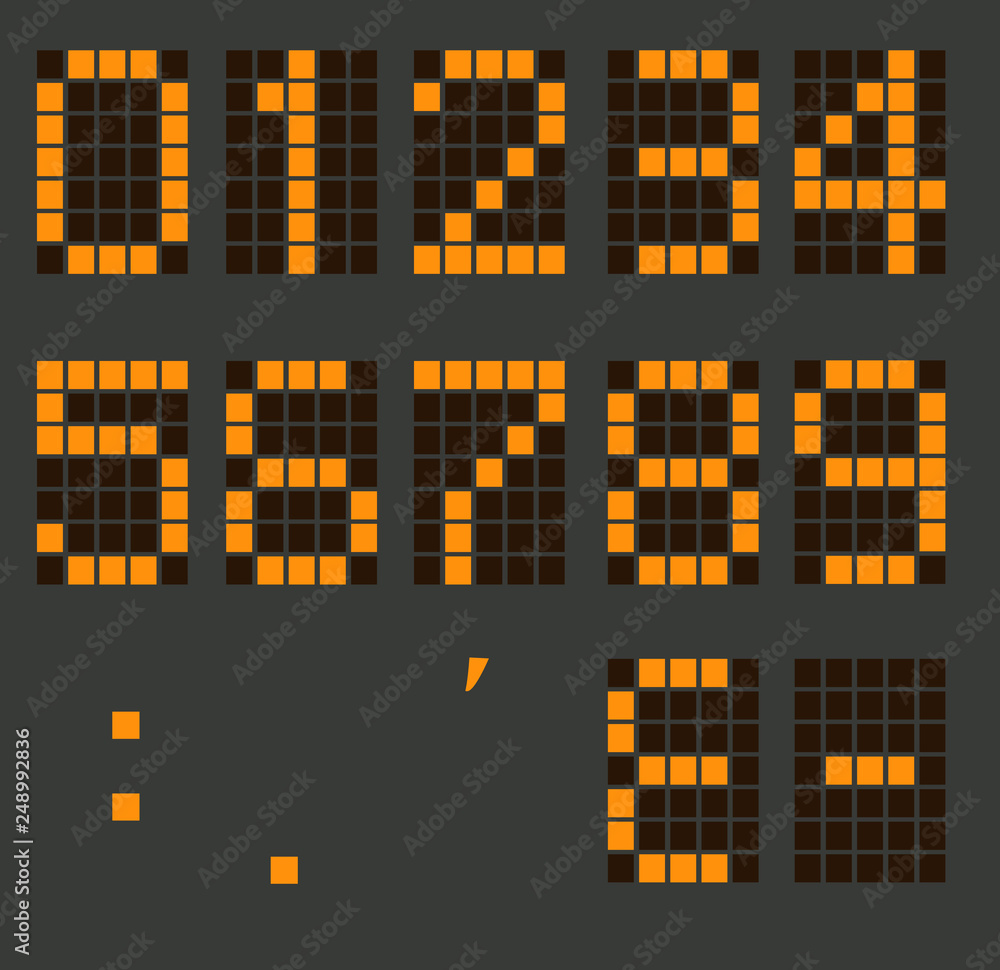 Poster set of calculator digital numbers. electronic figures. lcd digital number. orange clock digital.