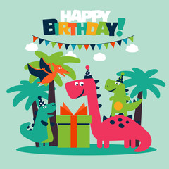 Happy birthday - lovely vector card with funny dinosaurs