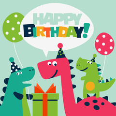 Happy birthday - lovely vector card with funny dinosaurs