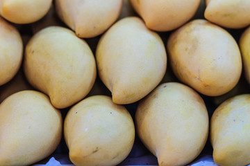 Fototapeta na wymiar Organic Nam Dok Mai mangoes for sale at the fruit market. The Nam Doc Mai (Nam Dok Mai) mango is a mango cultivar which originated in Thailand. It is the most popular mango variety in Thailand.