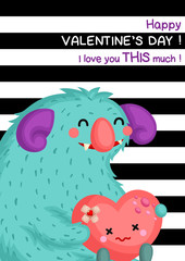 A Card of Cute Chubby Turquoise Monster Holding Heart Doll to Celebrate Valentine Day