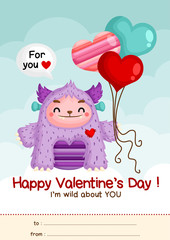 A Card of Cute Little Purple Monster Holding Balloons to Celebrate Valentine Day