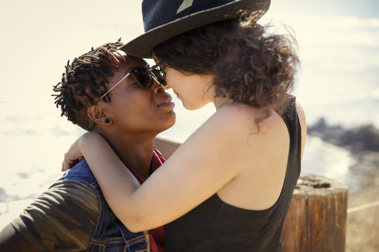 Couple embracing outdoors