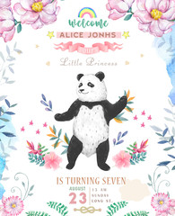 Happy Birthday card design with cute panda bear and boho flowers and floral bouquets illustration. Watercolor clip art for greeting card.