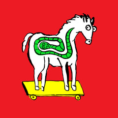 Trojan horse with worm inside. Computer virus symbol. Grunge dry brush vector illustration.