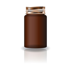 Blank brown medicine round bottle with screw lid for beauty or healthy product. Isolated on white background with reflection shadow. Ready to use for package design. Vector illustration.