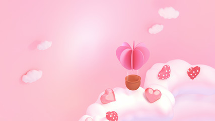 Sweet heart hot air balloon, clouds, and polka dots pattern heart. 3d rendering picture.