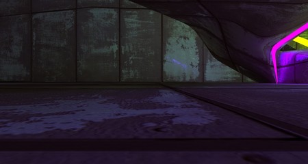 Abstract  Concrete Futuristic Sci-Fi interior With Violet And Green Glowing Neon Tubes . 3D illustration and rendering.