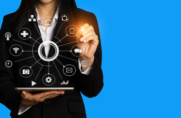 Data Management System with businessman working with provide information for Key Performance Indicators and marketing analysis virtual tablet.