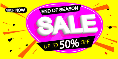 Sale discount horizontal poster design template, end of season, up to 50% off, vector illustration