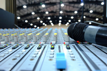 Fototapeta na wymiar Chiang rai, Thailand - September 20, 2018: Microphone on console, .Professional audio mixing console with faders and adjusting knobs - radio / TV broadcasting