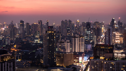 Fototapeta na wymiar Business area in Bangkok, Thailand, showing buildings in twilight time