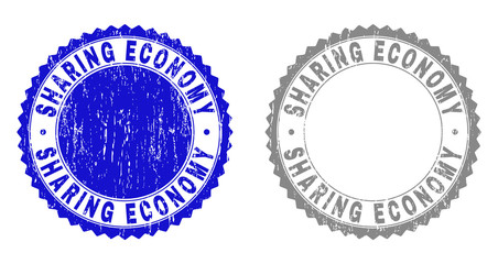 Grunge SHARING ECONOMY stamp seals isolated on a white background. Rosette seals with grunge texture in blue and grey colors. Vector rubber stamp imprint of SHARING ECONOMY label inside round rosette.