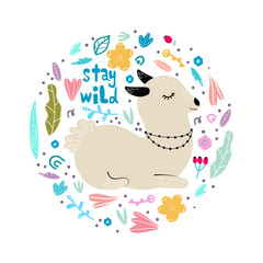 Lama in flowers and leaves arranged in circle, modern hand drawn style. Isolated cartoon illustration for kid game, book, t-shirt, textile, etc. Stay wild lettering.