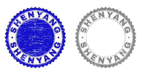 Grunge SHENYANG stamp seals isolated on a white background. Rosette seals with grunge texture in blue and grey colors. Vector rubber stamp imprint of SHENYANG caption inside round rosette.