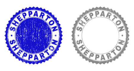 Grunge SHEPPARTON stamp seals isolated on a white background. Rosette seals with grunge texture in blue and grey colors. Vector rubber overlay of SHEPPARTON label inside round rosette.