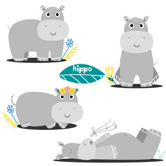 Set of hippos.Modern hand drawn style.