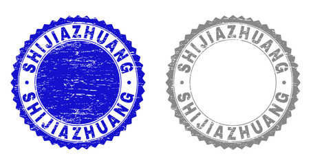 Grunge SHIJIAZHUANG stamp seals isolated on a white background. Rosette seals with grunge texture in blue and grey colors. Vector rubber stamp imitation of SHIJIAZHUANG tag inside round rosette.