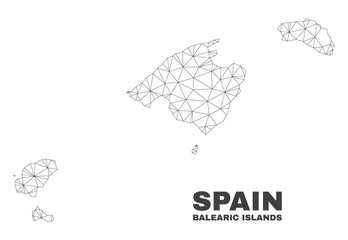 Abstract Balearic Islands map isolated on a white background. Triangular mesh model in black color of Balearic Islands map. Polygonal geographic scheme designed for political illustrations.