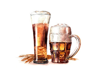 watercolor glass of beer with foam isolated on white