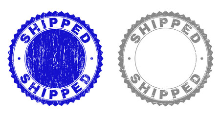 Grunge SHIPPED stamp seals isolated on a white background. Rosette seals with grunge texture in blue and grey colors. Vector rubber stamp imitation of SHIPPED caption inside round rosette.