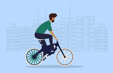 Cartoon picture with man riding fast modern electric bicycle. Enjoying futuristic bike ride. Flat style vector illustration. Background with Big City.