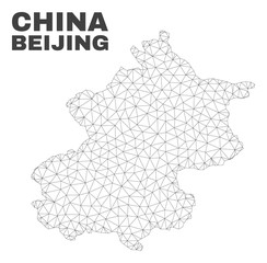 Abstract Beijing City map isolated on a white background. Triangular mesh model in black color of Beijing City map. Polygonal geographic scheme designed for political illustrations.
