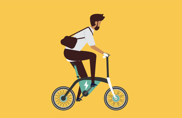 Cartoon picture with man riding fast modern electric bicycle. Enjoying futuristic bike ride. Flat style vector illustration. Background.