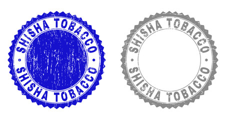 Grunge SHISHA TOBACCO stamp seals isolated on a white background. Rosette seals with distress texture in blue and grey colors.