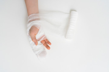 hand with bandage on white background