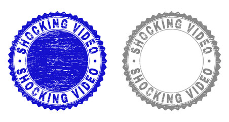 Grunge SHOCKING VIDEO stamp seals isolated on a white background. Rosette seals with grunge texture in blue and grey colors. Vector rubber stamp imitation of SHOCKING VIDEO title inside round rosette.