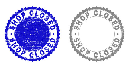 Grunge SHOP CLOSED stamp seals isolated on a white background. Rosette seals with grunge texture in blue and gray colors. Vector rubber watermark of SHOP CLOSED title inside round rosette.