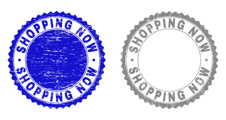 Grunge SHOPPING NOW stamp seals isolated on a white background. Rosette seals with grunge texture in blue and gray colors. Vector rubber stamp imitation of SHOPPING NOW label inside round rosette.