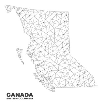 Abstract British Columbia map isolated on a white background. Triangular mesh model in black color of British Columbia map. Polygonal geographic scheme designed for political illustrations.