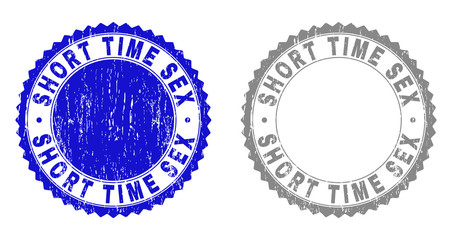Grunge SHORT TIME SEX watermarks isolated on a white background. Rosette seals with grunge texture in blue and grey colors. Vector rubber stamp imprint of SHORT TIME SEX label inside round rosette.