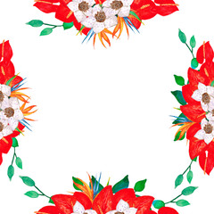 Fototapeta na wymiar Watercolor composition of red and white flowers.Illustration for design wedding invitations, greeting cards