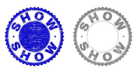 Grunge SHOW stamp seals isolated on a white background. Rosette seals with grunge texture in blue and grey colors. Vector rubber overlay of SHOW title inside round rosette.