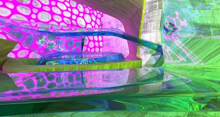 Abstract  Concrete Futuristic Sci-Fi interior With Pink And Green Glowing Neon Tubes . 3D illustration and rendering.