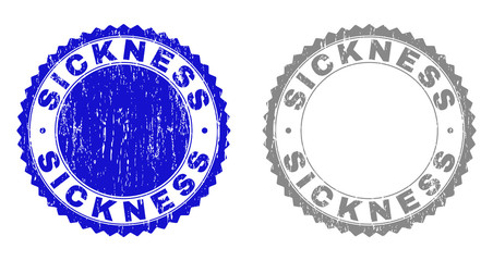Grunge SICKNESS stamp seals isolated on a white background. Rosette seals with grunge texture in blue and grey colors. Vector rubber stamp imprint of SICKNESS text inside round rosette.
