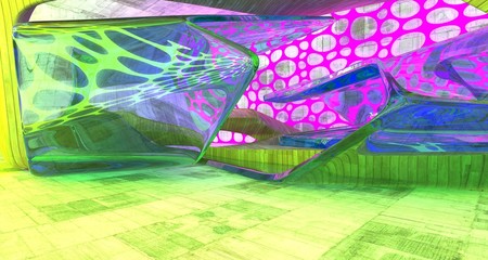 Abstract  Concrete Futuristic Sci-Fi interior With Pink And Green Glowing Neon Tubes . 3D illustration and rendering.