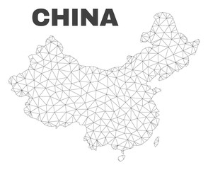 Abstract China map isolated on a white background. Triangular mesh model in black color of China map. Polygonal geographic scheme designed for political illustrations.