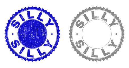 Grunge SILLY stamp seals isolated on a white background. Rosette seals with grunge texture in blue and grey colors. Vector rubber stamp imprint of SILLY tag inside round rosette.